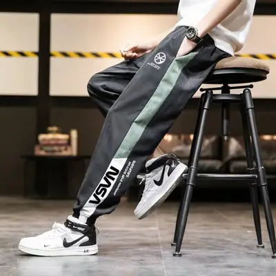 Men Black Green Striped Track Pants Large Casual Pants