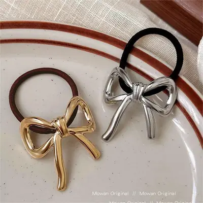 French Bow Hair Rope Women's 2024 New Gold Silver
