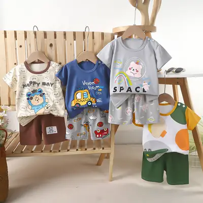 Kids Bear Print Short Sleeve T-Shirt Suit Blue