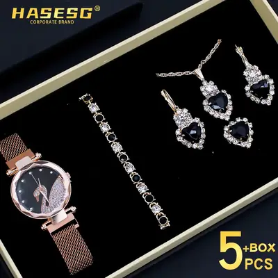 Women's Blue Crystal Watch Set 5PCS with Bracelet & Earrings
