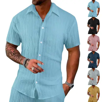 Men's 2025 Button Short-Sleeve Shirt Light Blue Striped