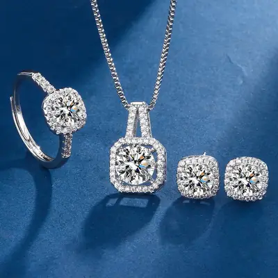 Square Zircon Jewelry Set with Hearts & Arrows Pendant
