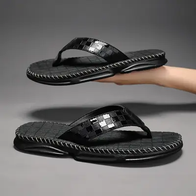 Men Black Croc Strap Flip Flops 2025