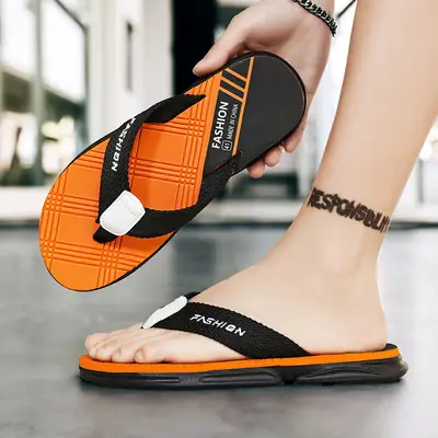 Men Korean Style Flip Flops Orange Black Thick Soles