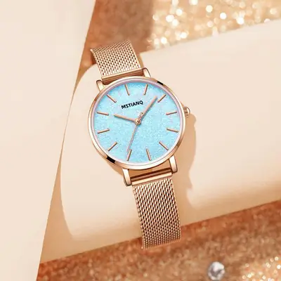 Women's Rose Gold Blue Glitter Quartz Watch