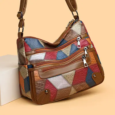 Women's Multi-Pocket Crossbody Bag with Spliced Pattern