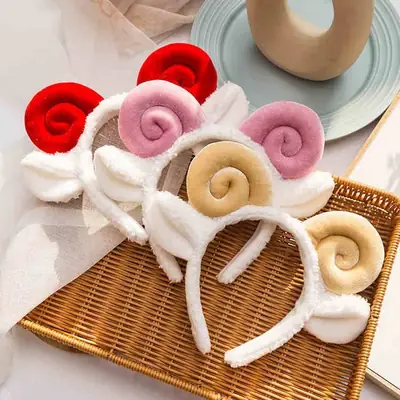 Cute Sheep Horn Headband with Wool Ear Wash Face