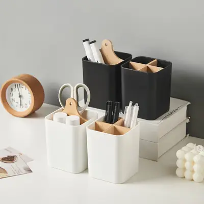 Desktop Pen Holder 4-Sided Storage Barrel 9x9x11cm