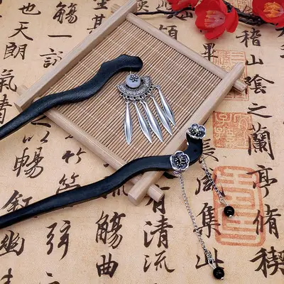 Ethnic Style Seedling Silver Flower Tassel Wood Hairpin