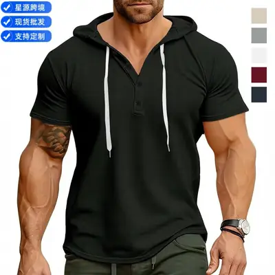 Men's Navy Blue Hooded Pullover T-Shirt Slim Fit