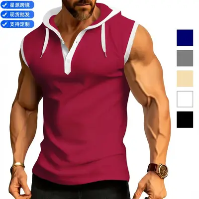 Men's Maroon Hooded Zipper T-Shirt Sleeveless Top