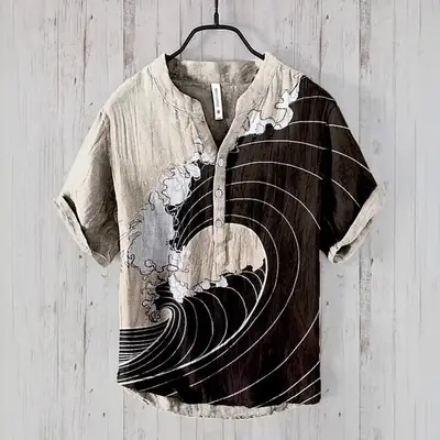 Guofeng 3D Printed V-Neck Shirt for Men
