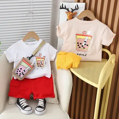 Boys Short Sleeve T-Shirt Shorts Set Yellow Bag