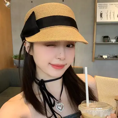 Women Straw Equestrian Hat with Bow & Sunshade