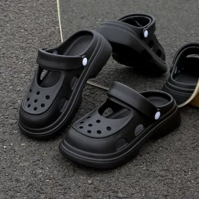 Upgraded Mary Jane Hole Shoes Women's Eva Summer Thick Sole Heightened Outwear Slippers Beach Non-slip Sandals