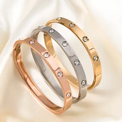 Diamond Encrusted Titanium Steel Bracelets Set of 3