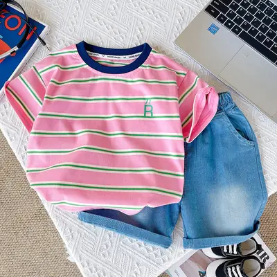 Boys Striped T-Shirt Pink Green Striped Kids T-Shirt