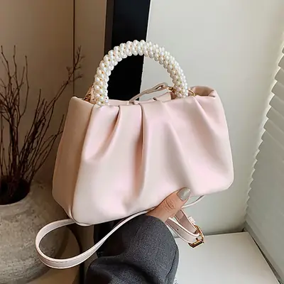 Pearl Handle Women's Pink Pleated Shoulder Bag