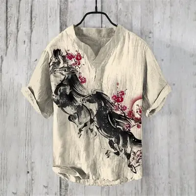 3D Digital Printed V-Neck Pullover Shirt for Men