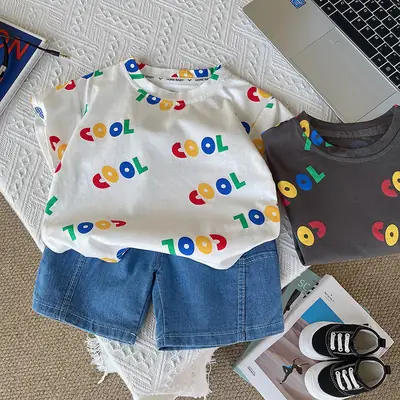 Children Summer T-Shirt Shorts Set Colorful Letters Denim Shorts