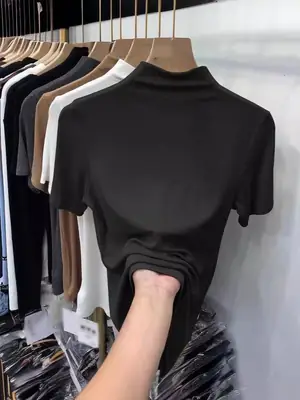 Half-High Collar Ribbed Short-Sleeve T-Shirt for Women, 2026 Summer New Style, Suitable for Layering under a Suit, Trendy Modal Top