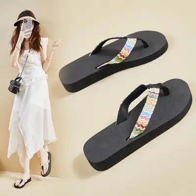 Women's Printed Hemp Flip Flops Black Non-slip