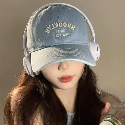 Women Blue Wash Denim Baseball Cap Wide Brim Circle Letter