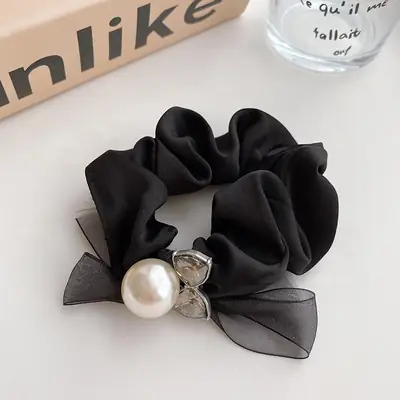 Black Lace Bow Pearl Hair Ring for Women