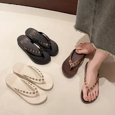 Women's 2024 Wedge Flip Flops Solid Brown