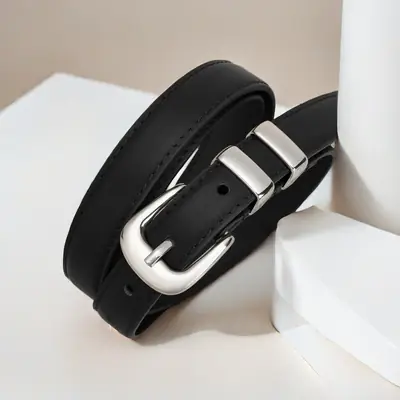 Women's Thin Leather Belt Black Silver Buckle