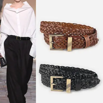 Handwoven Brown Belt with Gold Buckle for Women