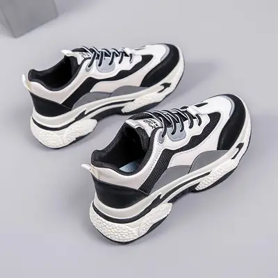 Women's Black White Thick Sole Casual Sneakers