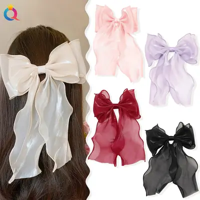 Maroon Bow Hairpin Mesh Ribbon Spring Clip Accessories