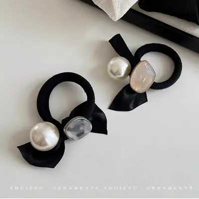 Pearl Bow Hair Loop with Black Bow & Silver Pearl