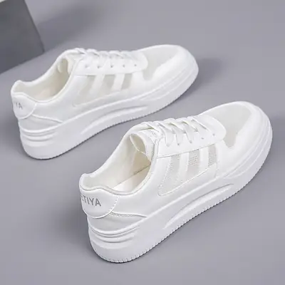 Women's White Mesh Casual Sneakers with Blue Stripes