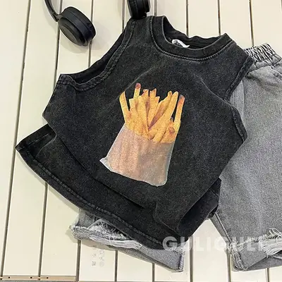 Summer Kids Sleeveless T-Shirt Black Cotton French Fries Design
