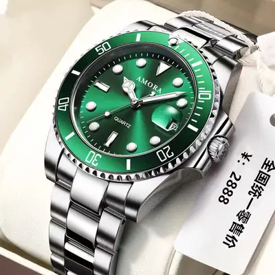 Men's Green Quartz Watch with Calendar & Waterproof Design