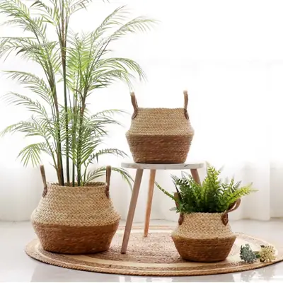 Cross-border Hot Selling Straw Woven Decorative Basket Flower Pot Set Rattan Woven Flower Pot Flower Basket Foldable Woven Home Plants