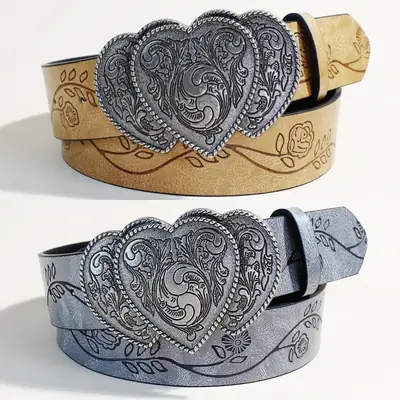 European Western Belt with Heart Embroidery Grey Belt for Women