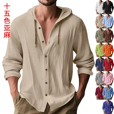 Men Light Blue Hooded Drawstring Shirt Cotton Linen Casual Long Sleeve