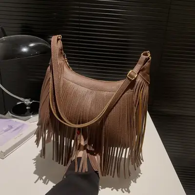 Vintage Tassel Crossbody Bag Brown Large Capacity