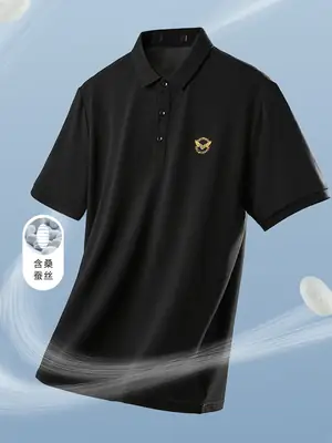 Men's Black Silk Polo Shirt Summer Casual Stretch