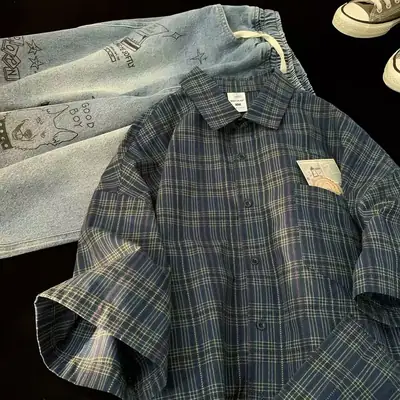 Japanese Plaid Short Sleeve Shirt Men Summer
