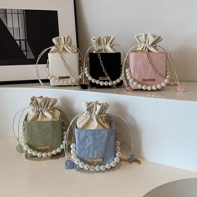 Pearl Chain Bucket Bag Women Pink 2024 Spring Summer