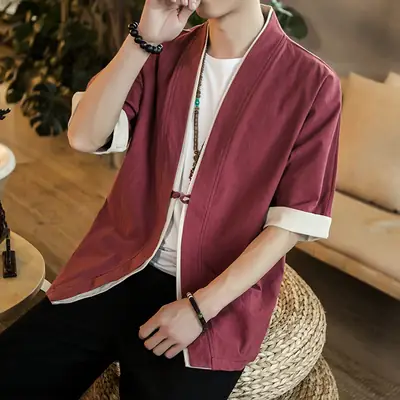 Men Linen Tang Suit Half Sleeve Dao Gown Kimono