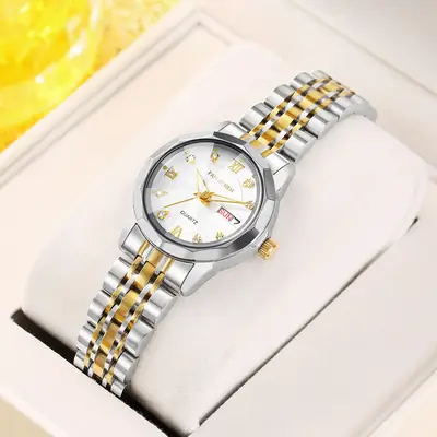 Women's Silver Gold Quartz Watch with Crystal Dial