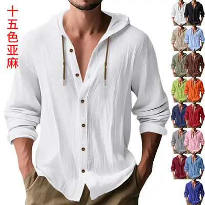 Men's Black Linen Hooded Cardigan Long Sleeve Casual Wear
