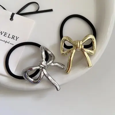 Women's Bow Hair Ring Silver Gold Elastic Strap
