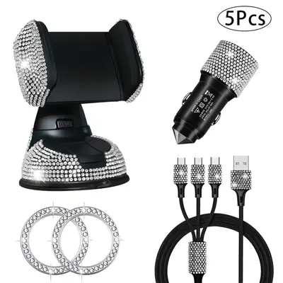 Diamond Encrusted Car Phone Holder Set 5PCS USB