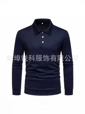 Men Long Sleeve Polo Shirt Navy Blue Pure Color Large